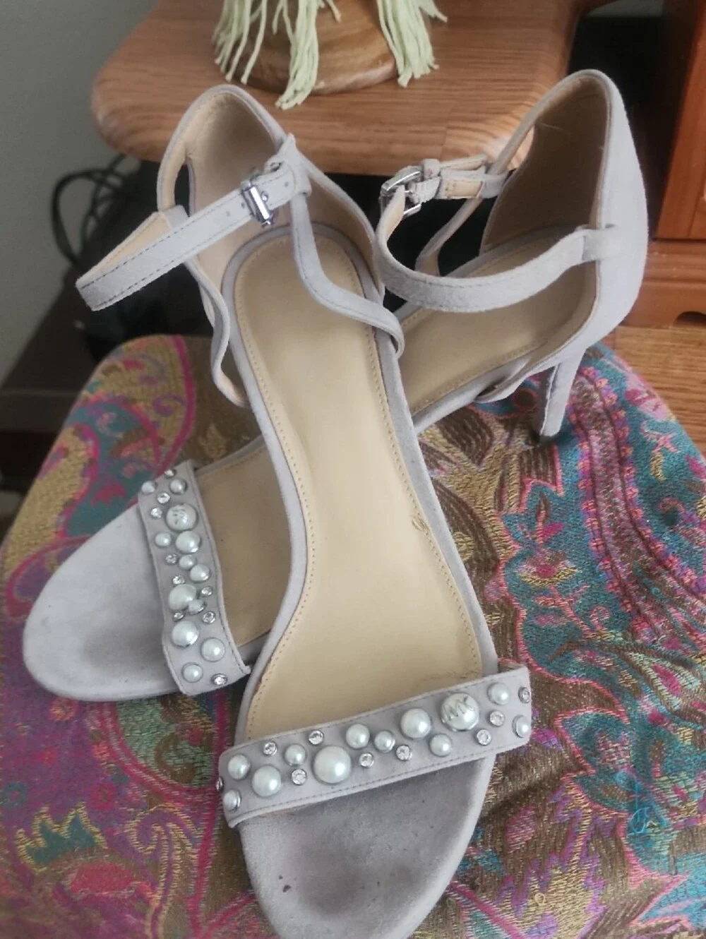 Michael Kors Pearl-Embellished Ankle-Strap Heels - Light Gray